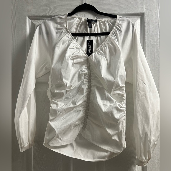 🆕 WHBM Long Sleeve Ruched V-Neck Poplin Top Size M - Picture 6 of 16